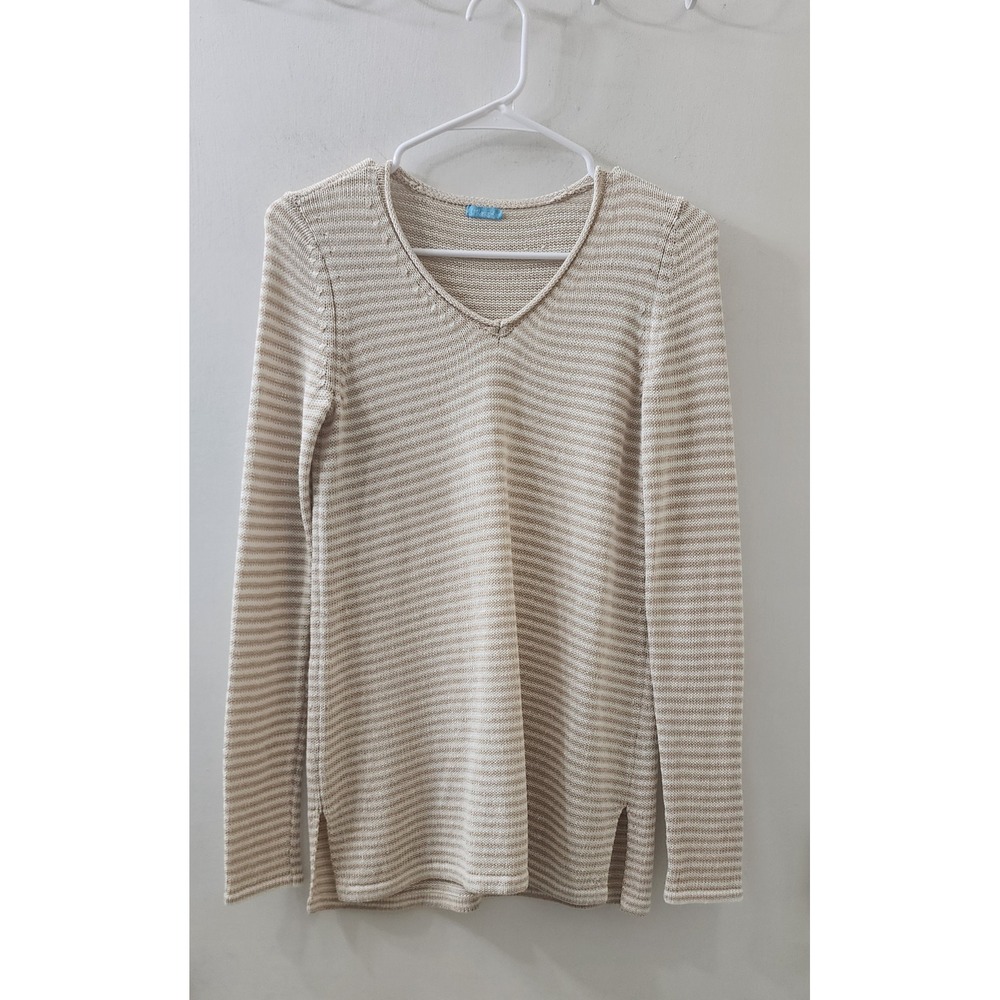 J.McLaughlin Womens Striped V-Neck Long Sleeve Cotton Blend Sweater Beige Cream